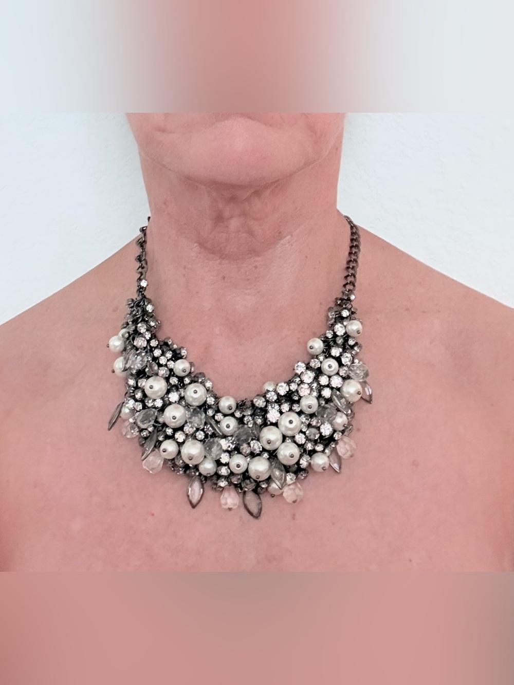 Aldo White Pearl & Crystal Cluster Necklace in Silver Tone